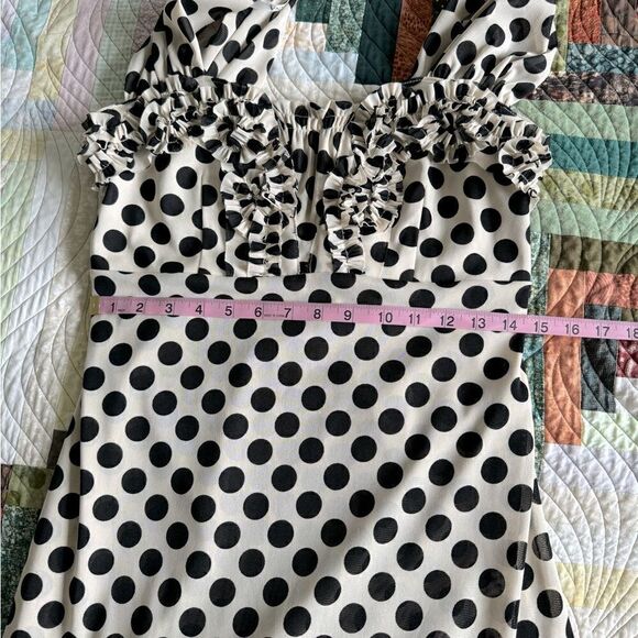 Vintage 90s Svetlana Tan and Black Polka Dot Layered Midi Ruffle Dress Size 10 - Picture 6 of 7